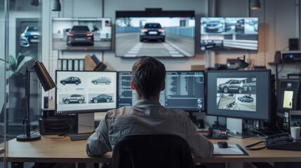 Man Monitoring Security System With Multiple Monitors