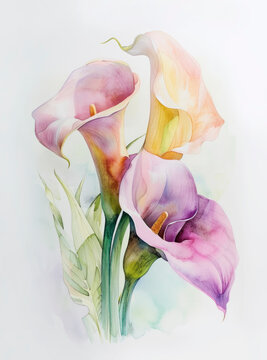 Watercolour painting of purple calla lily flowers on white background, Elegant spring flower, pastel tone, illustration poster