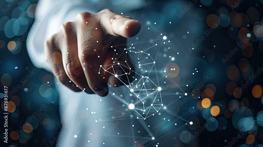 Aufkleber connecting with technology: a hand interacting with a digital network