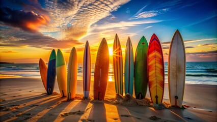 Vibrant surfboards in various shapes, sizes, and colors, stacked upright on a pristine sandy beach at sunset, casting long shadows.
