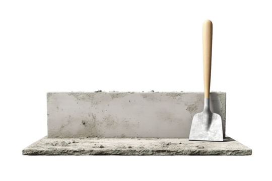 A Concrete Wall Awaits, A Trowel Leans in Silence on a White or Clear Surface PNG Transparent Background
