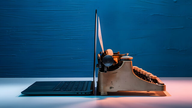 Laptop vs typewriter, old vs new vibe, digital vs analog, contrasting elements, modern sleek computer, vintage typewriter