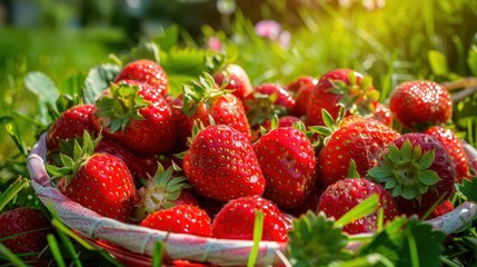 A vibrant, close-up shot of a basket filled with fresh, ripe red strawberries placed on lush green grass, with sunlight streaming in to highlight the strawberries' juicy texture.