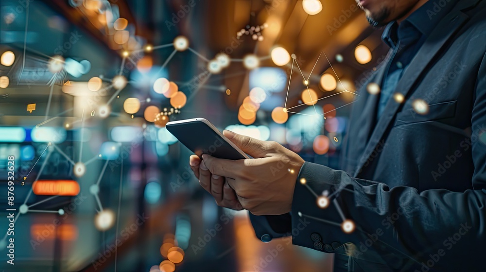 Poster man using smartphone with blurred city lights and network connection