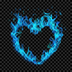 Translucent blue burning flames in the shape of a heart on transparent background. For used on dark illustrations. Transparency only in vector format