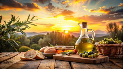 Fototapeta premium Traditional mediterranean setting with olive oil, fresh bread, and olives on a wooden table at sunset