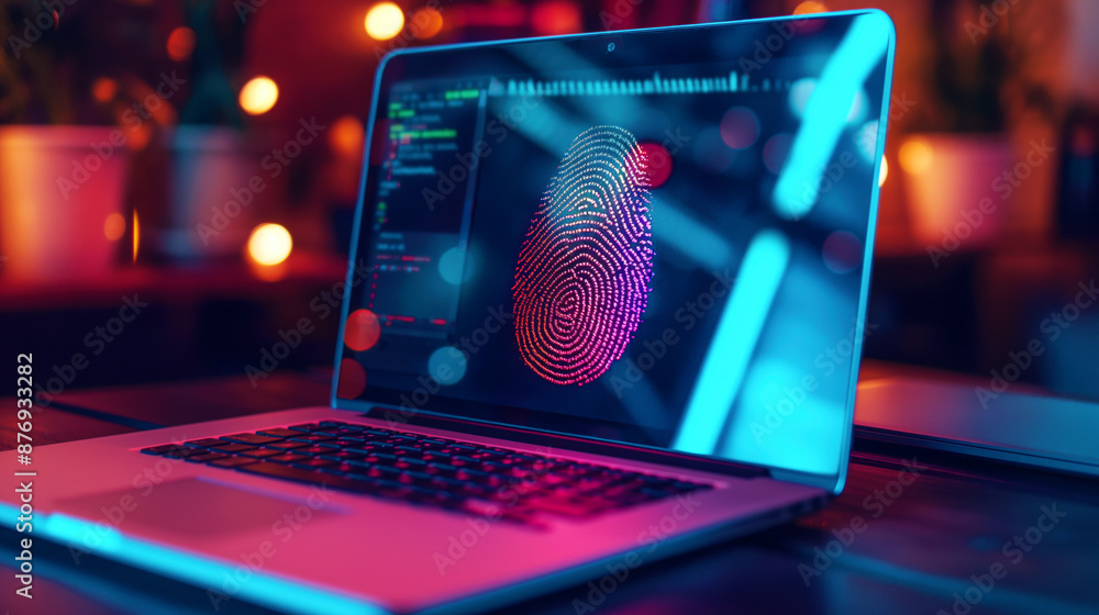 Poster A laptop displaying a colorful fingerprint on the screen, symbolizing biometric security and cybersecurity, set against a cozy, warmly-lit background.