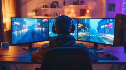 Naklejka premium A gamer wearing headphones sits in front of three monitors playing a video game in a dimly lit room.