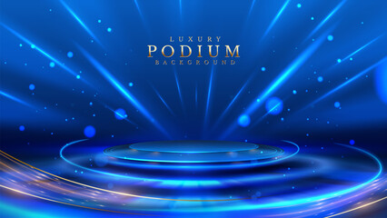 Empty podium golden on blue background with light neon effects with bokeh decorations. Luxury scene design concept. Vector illustrations.