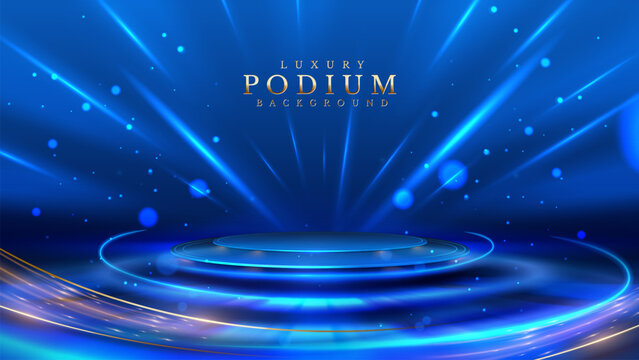 Empty podium golden on blue background with light neon effects with bokeh decorations. Luxury scene design concept. Vector illustrations.
