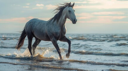 Fototapeta premium A powerful image of a dark horse galloping through shallow ocean water, capturing the sense of freedom, strength, and the raw beauty of nature in action.