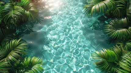 3D rendering of palm leaves shadow on the water surface in a swimming pool with a light blue background