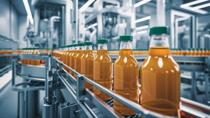 A conveyor belt with bottles of orange juice on it, AI