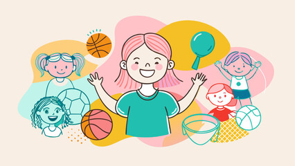 Joyful Children Playing Sports Illustration with Colorful Background