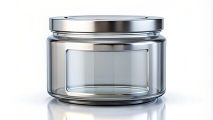 Isolated white background showcases sleek modern glass jar with futuristic labeling and sophisticated metallic lid, generated by cutting-edge technology.