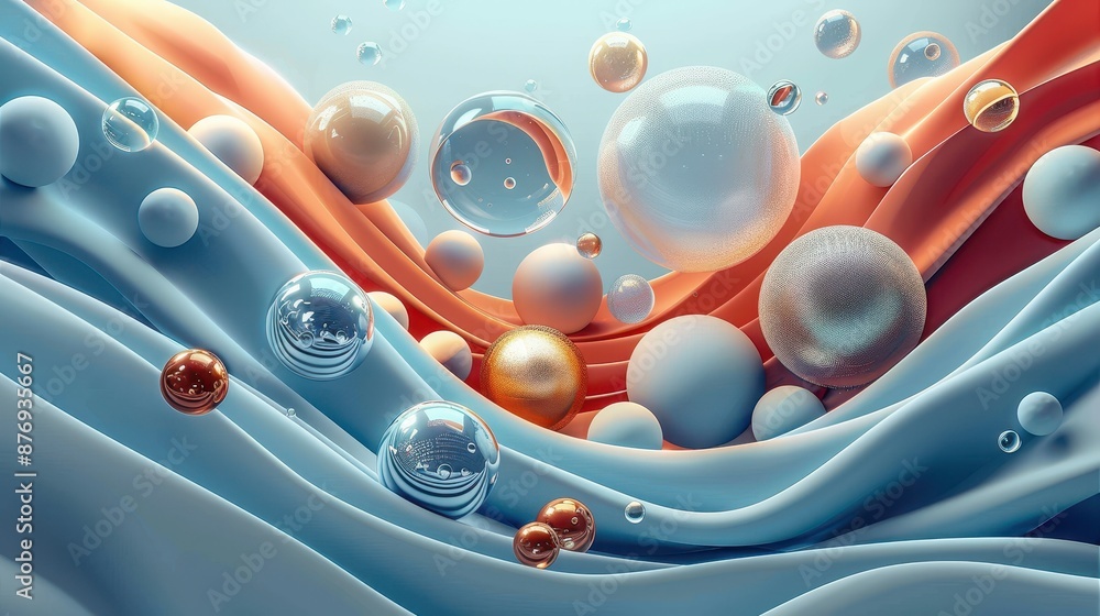 Poster an artistic abstract scene featuring waves of smooth flowy textures interspersed with various reflec