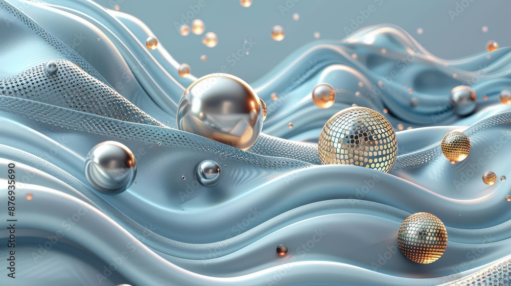 Poster an ethereal abstract image featuring flowing wavy surface textures adorned with reflective metallic 