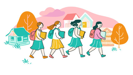 Fototapeta premium Illustration of Schoolgirls Walking Together in a Friendly Neighborhood
