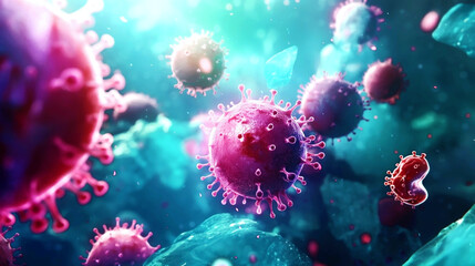 Detailed digital illustration of viruses with vibrant colors, showcasing textures and particles in a microscopic view.