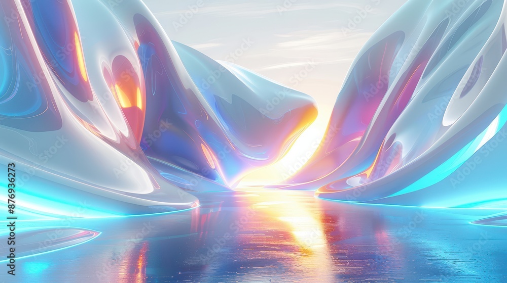 Poster glowing abstract forms with fluid shapes and reflective surfaces blend harmoniously, creating a mesm