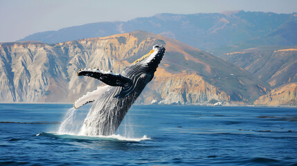 Fototapeta premium Humpback whale breaching in the ocean with mountain background. Generative AI illustration 