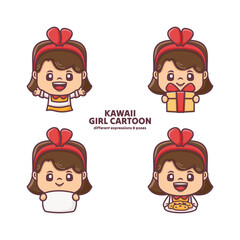 kawaii girl cartoon character design with different poses and expressions