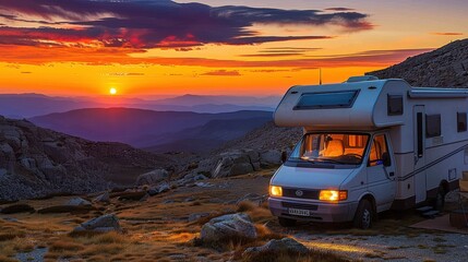Obraz premium A camper van parked on a rocky landscape with a stunning sunset backdrop, showcasing the beauty of travel, adventure, and enjoying the serenity of nature in modern times.
