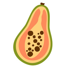 Papaya half. Cut piece, cross section of exotic tropical fruit. Pawpaw with flesh, pulp and black seeds. Healthy natural vitamin food. Flat vector illustration isolated on white background