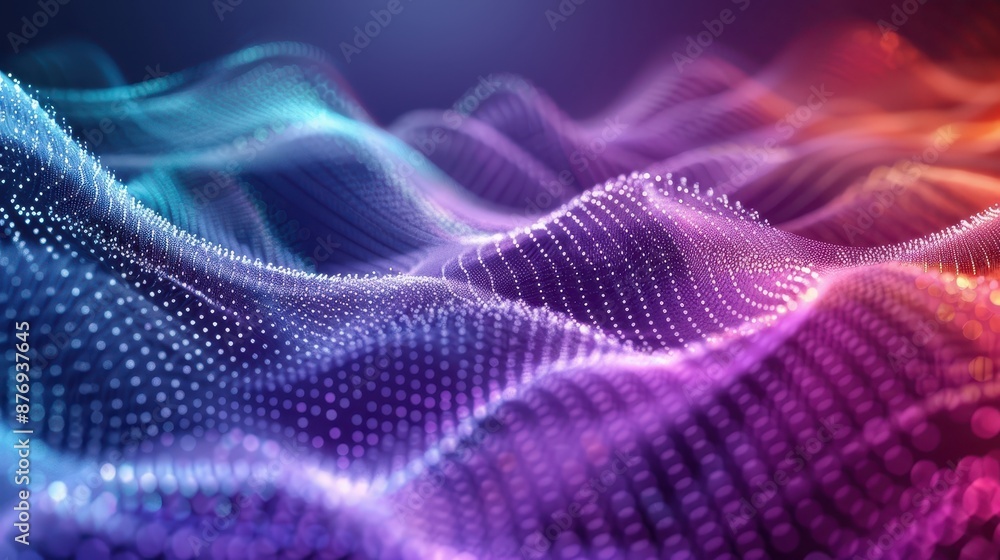 Poster a vibrant and dynamic abstract digital image featuring multicolored, wavy patterns made up of tiny d