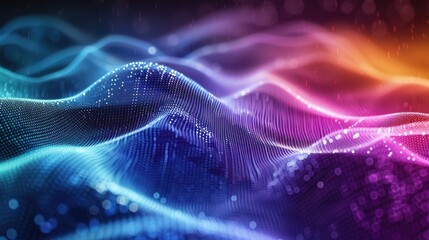 Fototapeta premium A vibrant digital abstract image characterized by wavy patterns made up of numerous tiny dots, creating a captivating visual effect with a sense of motion and energy.