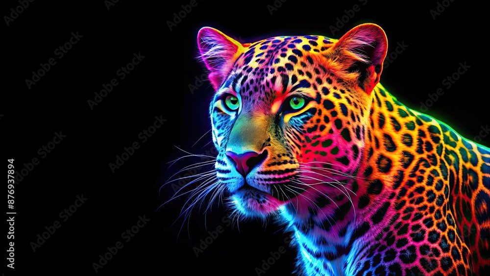 Sticker Vibrant neon colored leopard against a dark background, neon, leopard, vibrant, colorful, animal, wildlife, exotic, pattern, design