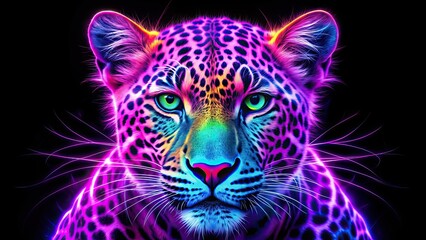 Obraz premium Neon purple leopard face with vivid colors and fierce expression, neon, purple, leopard, face, wild, animal, abstract