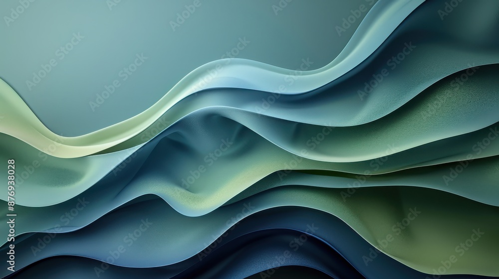 Poster abstract layered waves in gradient shades of blue and green, creating a soothing and elegant visual 