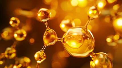 A 3D rendering of golden-colored molecules interconnected by bonds, symbolizing chemical or nanotechnology advancements with a vibrant, glowing backdrop