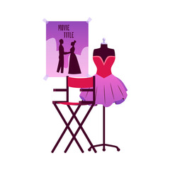 Theater vector set with dressed mannequin, high stool and movie poster.