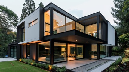 Fototapeta premium Modern residential home, sleek architecture with large windows and minimalistic design, surrounded by lush greenery, showcasing contemporary living