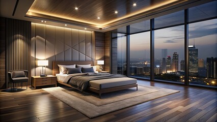 Naklejka premium Dark and eerie penthouse bedroom at night with minimal lighting and luxurious decor, penthouse, bedroom, night, dark, gloomy