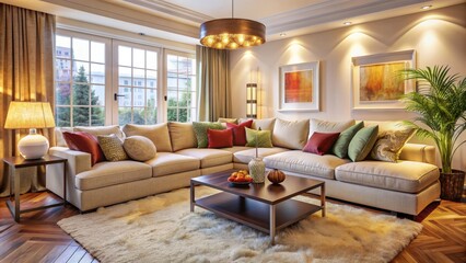 Warm And Inviting Living Room With Lots Of Natural Light, Featuring Comfortable Seating, A Stylish Rug, And Beautiful Artwork.