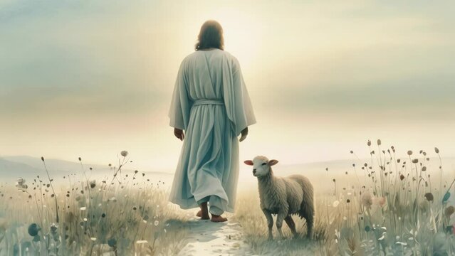 Bible Jesus Shepherd with His Flock of Sheep