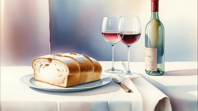 Watercolor painting of Eucharistic symbols. Lord's supper symbols: Bible, wine glass and bread on the table