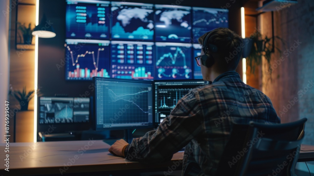 Poster A man sits in front of multiple computer monitors, analyzing data displayed on charts and graphs. The room is dimly lit, with only the screens illuminating the space.