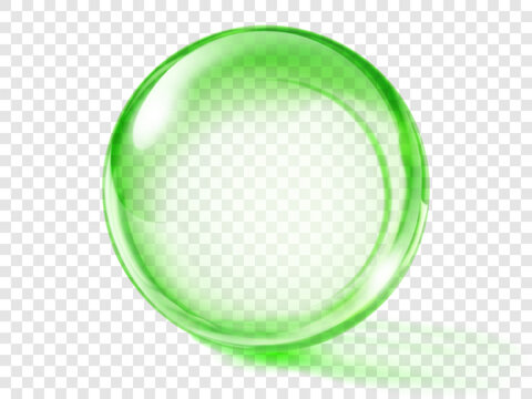 Large translucent colored sphere in green colors with glares and shadow on transparent background. Vector illustration for design projects and creative works