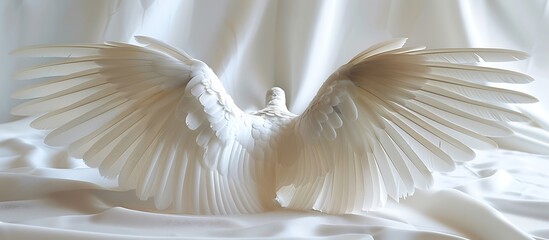 Clean white feather angel wings on a white backdrop, laid flat, sharp focus, soft shadows, high-resolution photography.