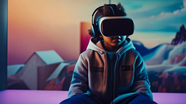 A young boy wearing a futuristic VR headset is amazed