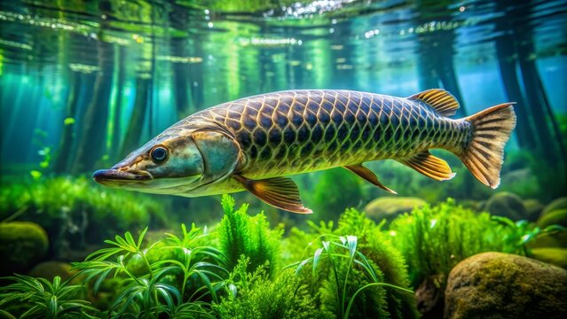 A majestic pirarucu fish swims alone in the serene Amazon river waters, surrounded by lush green aquatic plants and calm ripples.