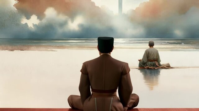 A watercolor painting depicting Jesus on the cross against a backdrop of a blank sea. Silhouettes of people watch the scene unfold in the distance