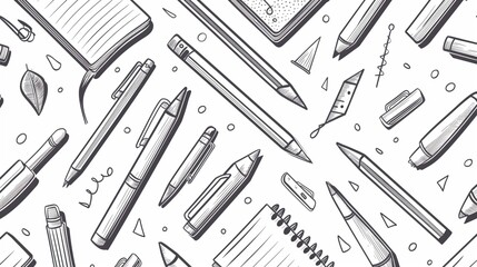 Naklejka premium Monochrome seamless pattern with various hand-drawn stationery items including pens, pencils, and notebooks.