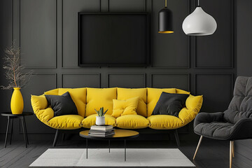 3D Rendering Modern Living Room with Black Walls blank mockup and Pops of Yellow