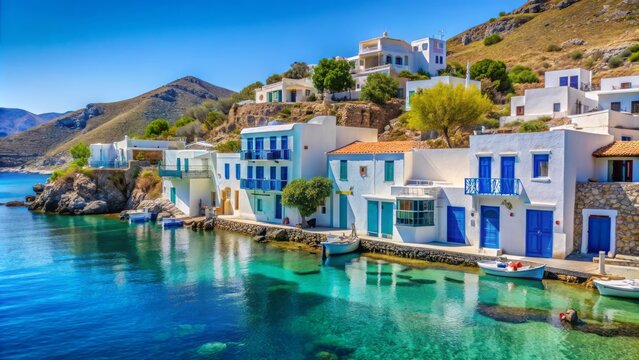 Serene small traditional fishing village of Mochlos Crete Greece surrounded by calm turquoise water and rocky hillsides.