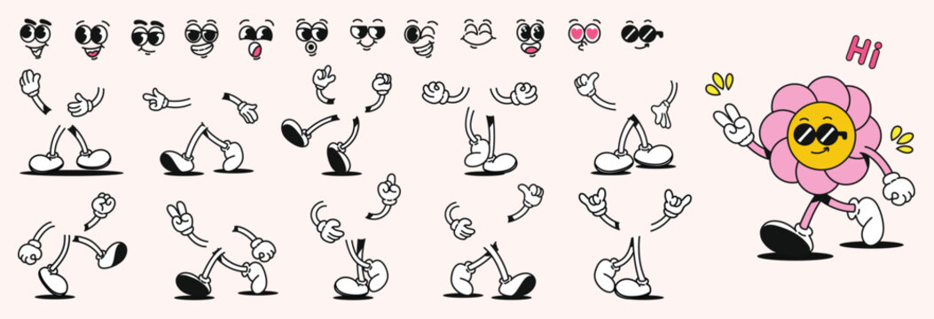 Set of 70s groovy comic faces vector. Collection of cartoon character faces, leg, hand in different emotions happy, angry, sad, flower. Cute retro groovy hippie illustration for decorative, sticker.